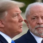 Imagem gerada por inteligência artificial com Trump (esquerda) e Lula (direta) - Imagem: Aurora / Grok